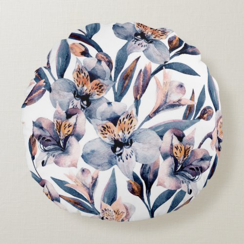 Moody Alstroemeria Watercolor Flowers Pattern Round Pillow