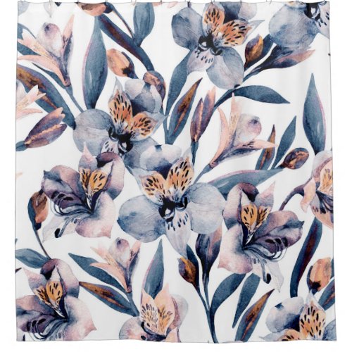 Moody Alstroemeria Watercolor Flowers Pattern Shower Curtain