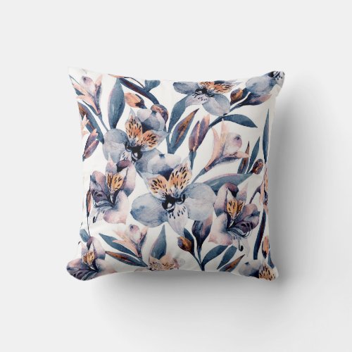 Moody Alstroemeria Watercolor Flowers Pattern Throw Pillow