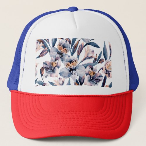 Moody Alstroemeria Watercolor Flowers Pattern Trucker Hat