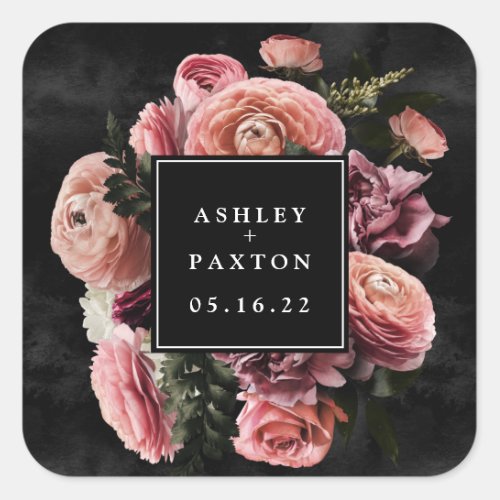 Moody and Romantic Pink Floral Bouquet on Black  Square Sticker
