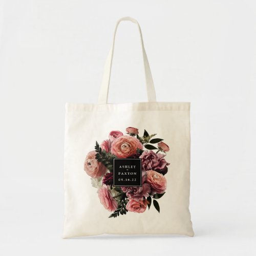 Moody and Romantic Pink Floral Bouquet on Black Tote Bag