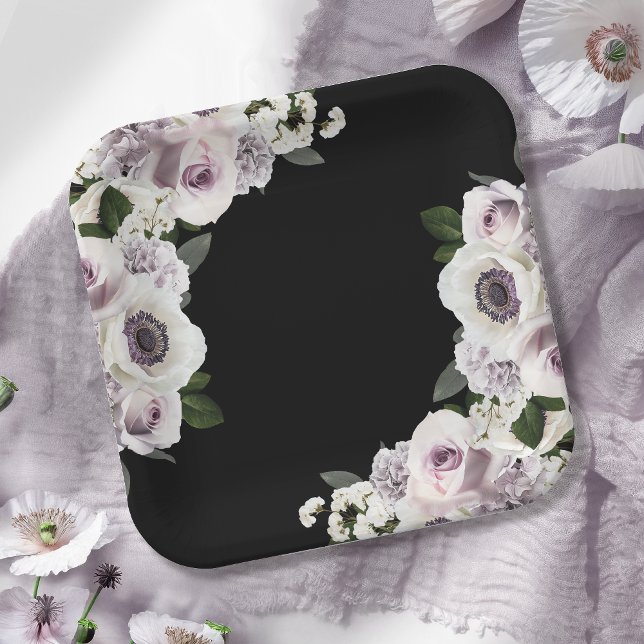 Moody Anemone & Purple Floral Black Bridal Shower Paper Plates (Creator Uploaded)