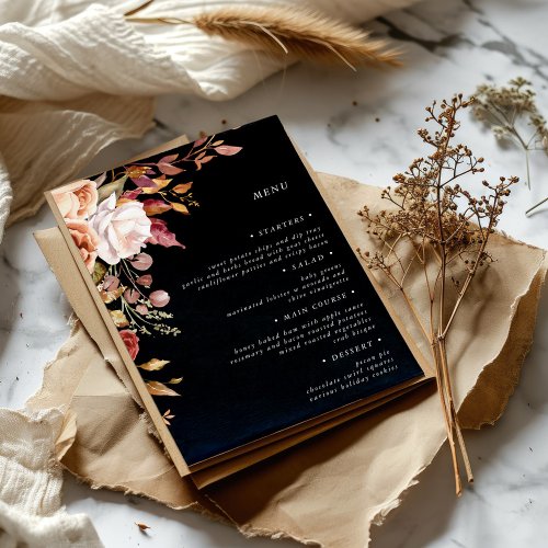 Moody Autumn Floral Elegant Wedding Menu Card