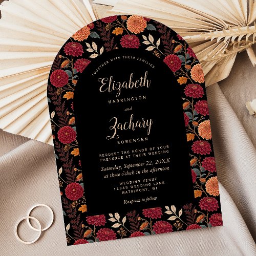 Moody Autumn Floral Pattern Arch Dark Wedding Invitation