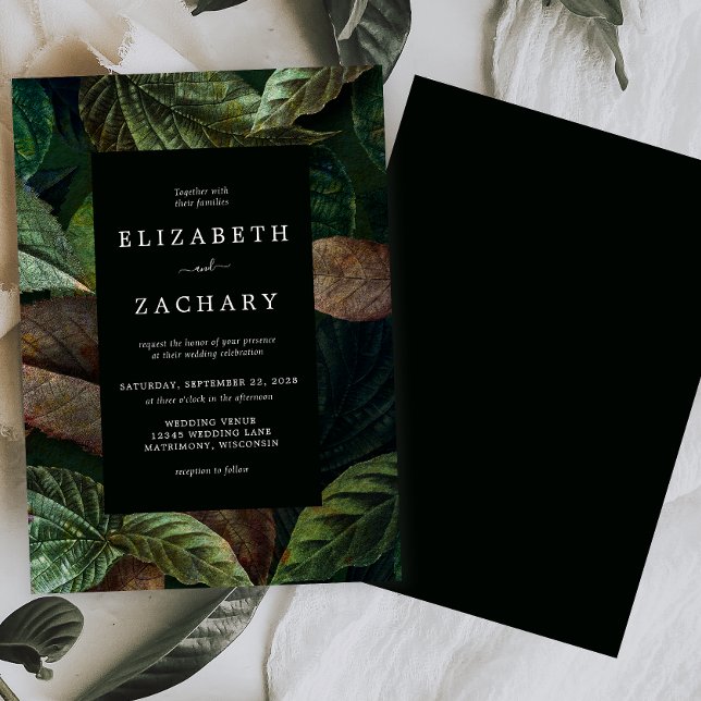 Moody Autumn Leaves Dark Green Wedding Invitation (Creator Uploaded)