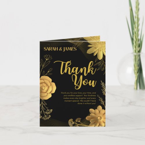 Moody black and gold floral wedding thank you card