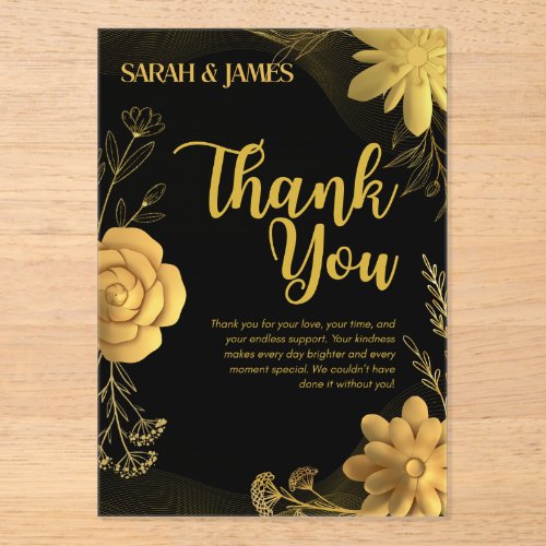 Moody black and gold floral wedding thank you card acrylic invitations