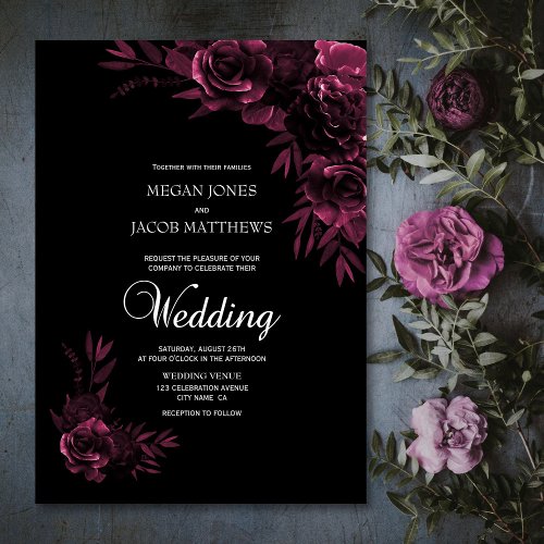 Moody Black and Pink Floral Wedding Invitation