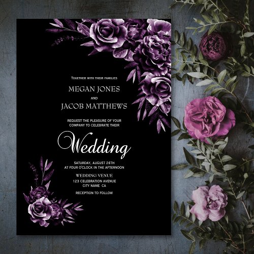 Moody Black and Purple Floral Wedding Invitation