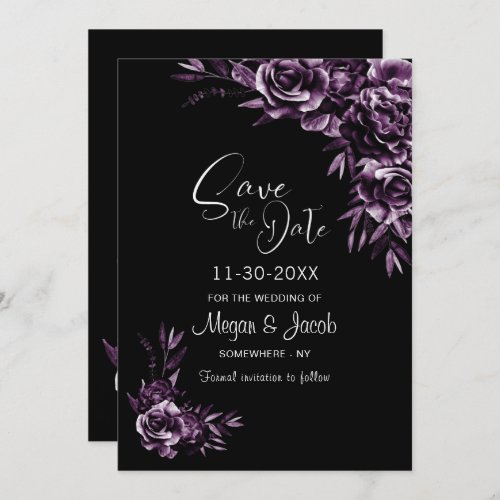 Moody Black and Purple Floral Wedding Save The Date