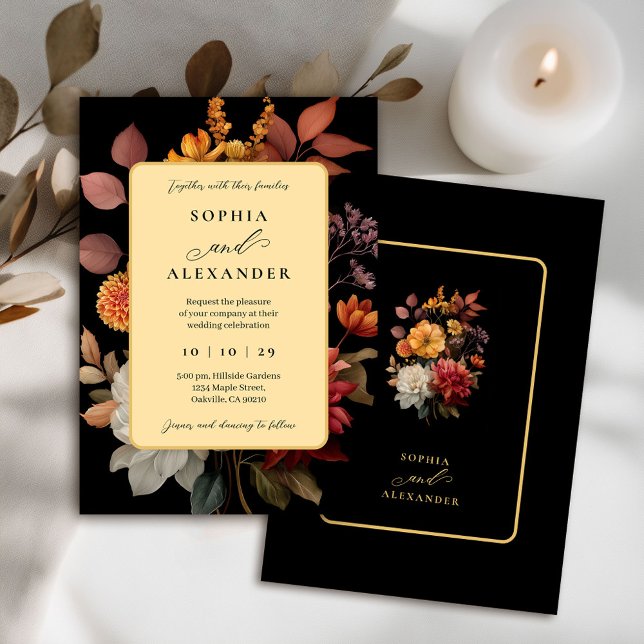 Moody Black and Rust Autumn Floral Wedding Invitation (Creator Uploaded)