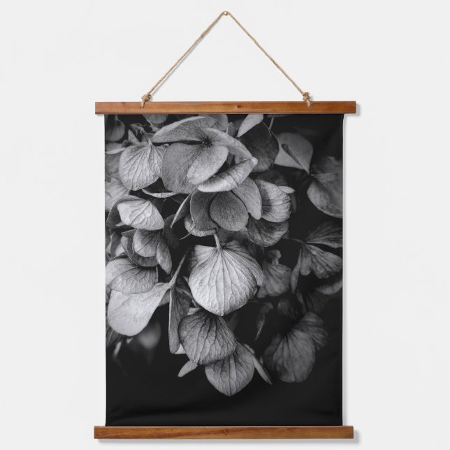 Moody Black and White Hydrangea Flower Floral Wood Hanging Tapestry (Front)