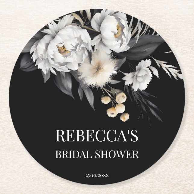 Moody black boho bridal shower favors round paper coaster (Front)