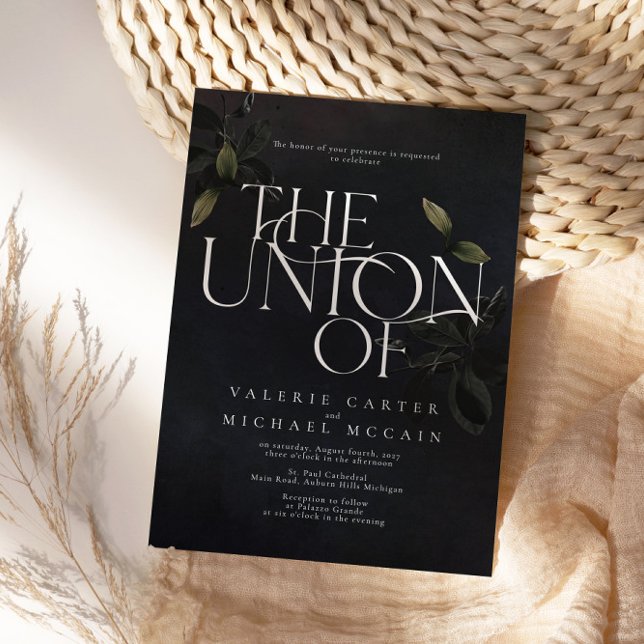 Moody Black Botanical Typographic Invitations (Creator Uploaded)