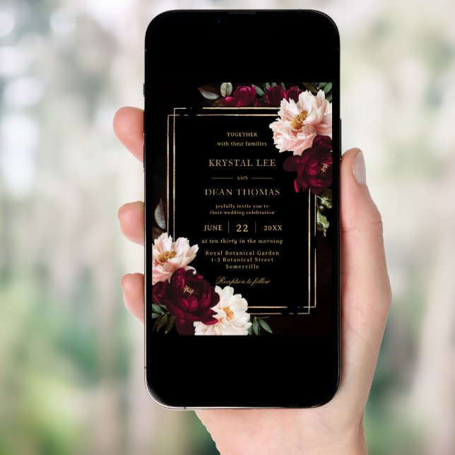 Moody Black Burgundy Blush Floral Peonies Wedding Invitation (Front Digital)
