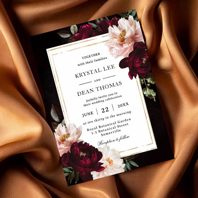 Moody Black Burgundy Blush Floral Peonies Wedding Invitation (Creator Uploaded)