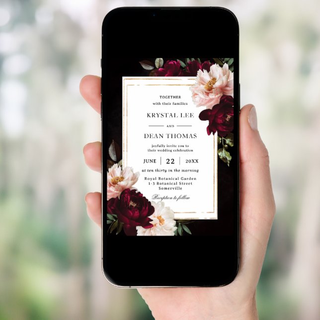 Moody Black Burgundy Blush Floral Peonies Wedding Invitation (Front Digital)