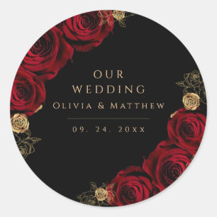 Moody Black Burgundy Roses Wedding  Classic Round Sticker