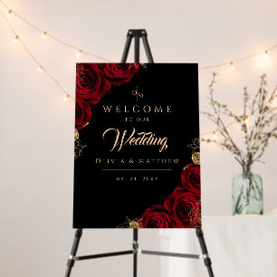 Moody Black Burgundy Roses Welcome Wedding Sign