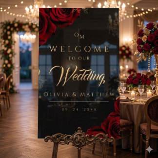 Moody Black Burgundy Roses Welcome Wedding Sign