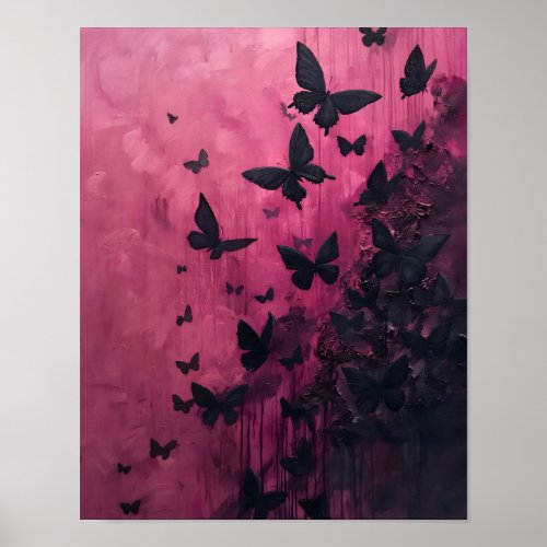 Moody Black Butterflies Dusty Pink Sky Abstact Art Poster