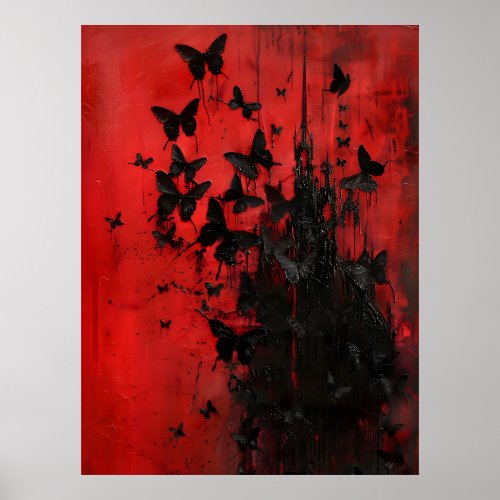 Moody Black Butterflies Red Crimson Sky Abstact Poster