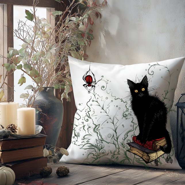 Moody Black Cat Halloween Throw Pillow (Moody Black Cat Throw Pillow)