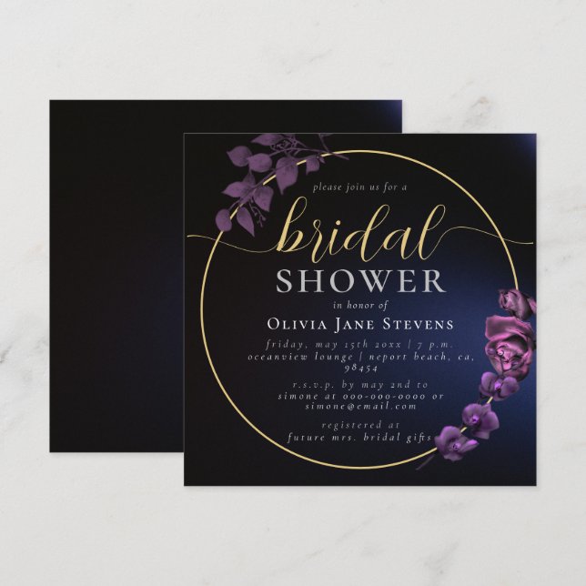 Moody Black Dark Purple Floral Frame Bridal Shower Invitation (Front/Back)