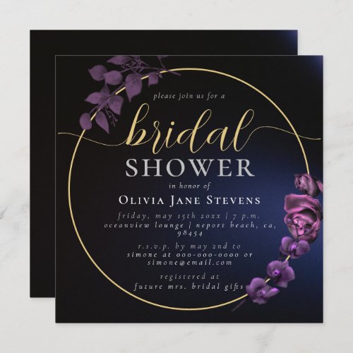 Moody Black Dark Purple Floral Frame Bridal Shower Invitation