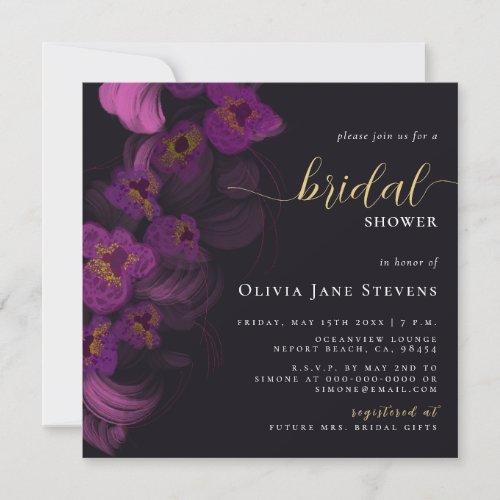 Moody Black Dark Purple Orchids Chic Bridal Shower Invitation