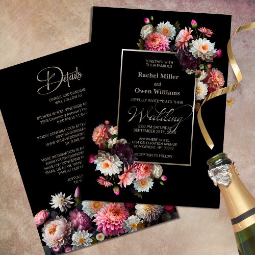 Moody Black Floral All In One Wedding Invitation