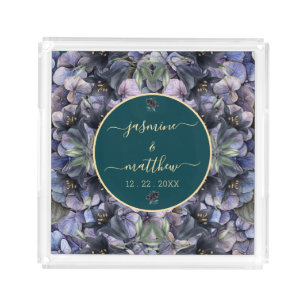 Moody Black Floral Classic Couple Names Wedding Acrylic Tray