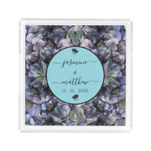 Moody Black Floral Classic Couple Names Wedding Acrylic Tray