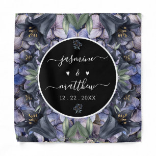 Moody Black Floral Classic Couple Names Wedding Bandana