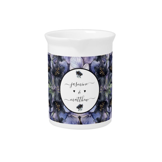 Moody Black Floral Classic Couple Names Wedding Beverage Pitcher (Front)