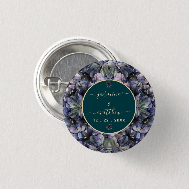 Moody Black Floral Classic Couple Names Wedding Button (Front & Back)