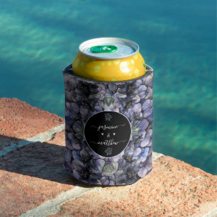 Moody Black Floral Classic Couple Names Wedding Can Cooler