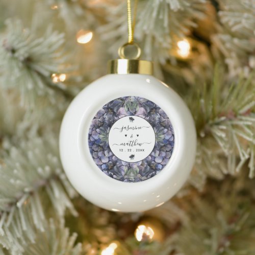 Moody Black Floral Classic Couple Names Wedding Ceramic Ball Christmas Ornament