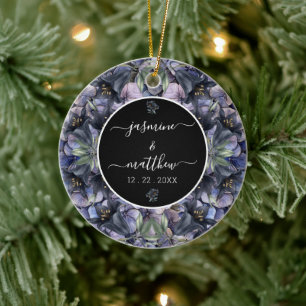 Moody Black Floral Classic Couple Names Wedding Ceramic Ornament
