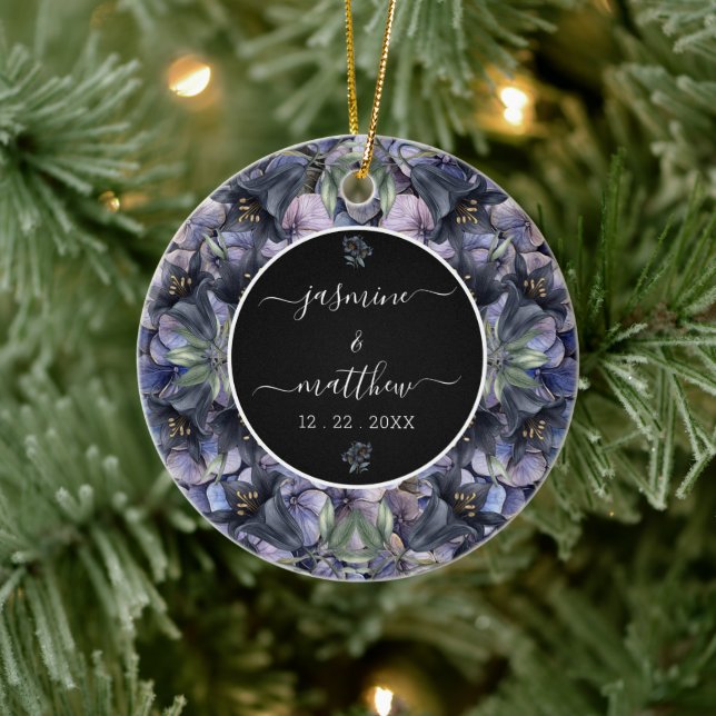 Moody Black Floral Classic Couple Names Wedding Ceramic Ornament (Tree)