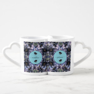 Moody Black Floral Classic Couple Names Wedding Coffee Mug Set