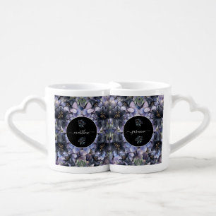 Moody Black Floral Classic Couple Names Wedding Coffee Mug Set
