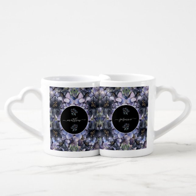 Moody Black Floral Classic Couple Names Wedding Coffee Mug Set (Front Nesting)