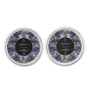 Moody Black Floral Classic Couple Names Wedding Cufflinks