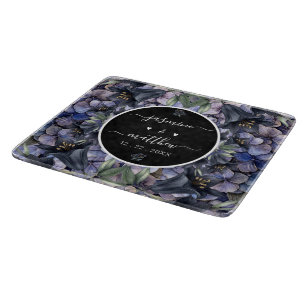 Moody Black Floral Classic Couple Names Wedding Cutting Board
