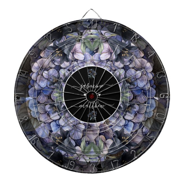 Moody Black Floral Classic Couple Names Wedding Dart Board (Front)