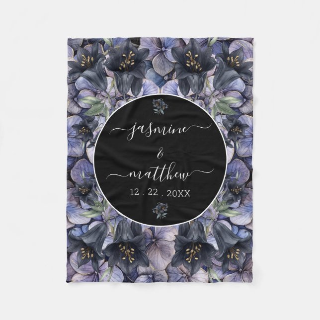 Moody Black Floral Classic Couple Names Wedding Fleece Blanket (Front)
