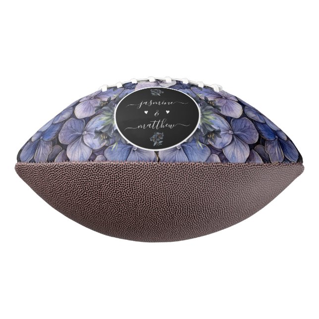 Moody Black Floral Classic Couple Names Wedding Football (Rotated 270)