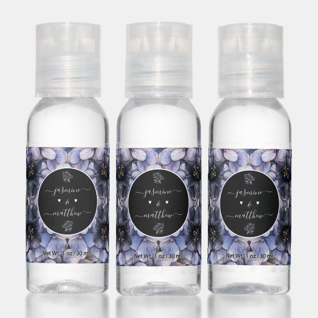 Moody Black Floral Classic Couple Names Wedding Hand Sanitizer (Set)
